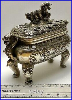 Silver Looking White Metal Antique Chinese Miao Dragon Box, Signed on the Base