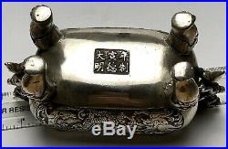 Silver Looking White Metal Antique Chinese Miao Dragon Box, Signed on the Base