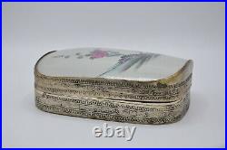 Silver or silver plated box decorated on the lid with antique porcelain fragment