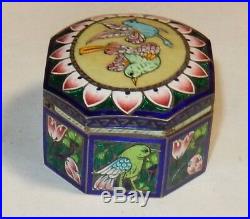 Small Chinese Gold Gilt Silver Cloisonne Repousse Enamel Birds Design Jar Box