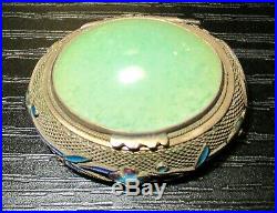 Small Chinese Silver Cloisonne Enamel Green Jade Pill Jar Box