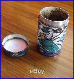 Small cylinder Chinese enamel silver metal box, 1 1/4 high