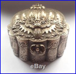 Solid Sterling Silver Chinese Moth and Bats Tomb Box SIGNED C Qing Ching Dynasty