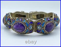 Spectacular Antique Chinese Silver Filigree Amethyst & Enamel Bracelet