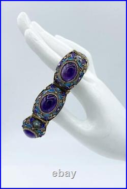 Spectacular Antique Chinese Silver Filigree Amethyst & Enamel Bracelet