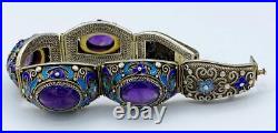 Spectacular Antique Chinese Silver Filigree Amethyst & Enamel Bracelet