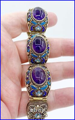 Spectacular Antique Chinese Silver Filigree Amethyst & Enamel Bracelet