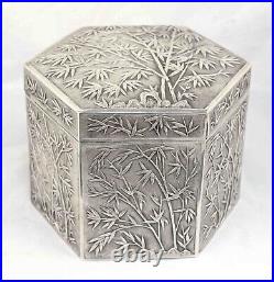 Sterling 19th c Chinese Export Luen WO Shanghai Bamboo Motif Tea Caddy Canister
