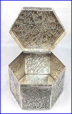 Sterling 19th c Chinese Export Luen WO Shanghai Bamboo Motif Tea Caddy Canister