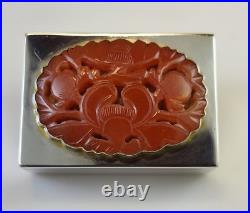 Sterling Silver & Chinese Carved Carnelian Matchstick Box after Edward Farmer