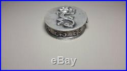 Sterling Silver Snuff Pill Box WILLIAM B MEYERS. Repousse DRAGON Chinese motif