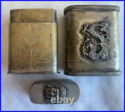 Stunning Antique Box Chinese Opium Erotic Case Rare BrassSilver pl 3 Pieces