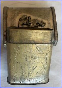 Stunning Antique Box Chinese Opium Erotic Case Rare BrassSilver pl 3 Pieces