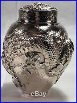 Stunning Chinese Export Silver Hand Hammered Dragon Tea Caddy Box Signed BEST
