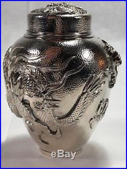 Stunning Chinese Export Silver Hand Hammered Dragon Tea Caddy Box Signed BEST