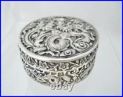 Stunning Chinese Export dragon design circular silver box c 1890