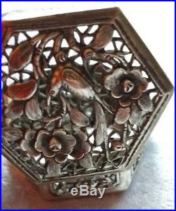 Stunning Chinese export silver reticulated hexagonal box Bird amidst foliage
