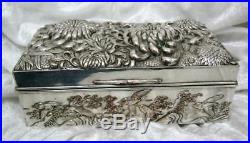 Stunning Chinese silvered box on copper chrysanthemums birds & great wave design