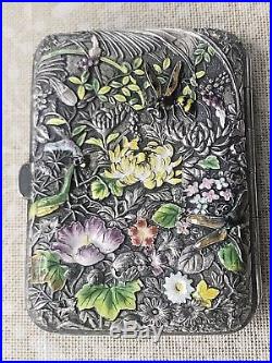 Stunning Repousse Sterling Chased enamel floral Chinese export cigarette case