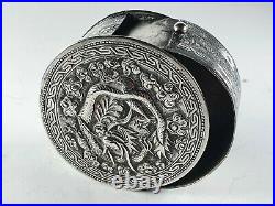 Stunning Unusual 19th Century Signed Swivelling Circular Silver Dragon Box