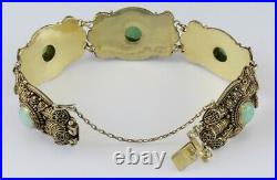 Stunning c1900 Chinese Green Jade Vermeil Gilt Silver Filigree Bracelet