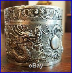 Superb Antique China Chinese Silver Round Dragon Box
