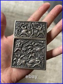 Superb Chinese Export Warrior Scene Silver Card Case, CumWo, Hong Kong c1860