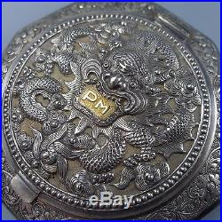 Superb Chinese Sterling Silver Powder Compact / Antique Dragon Box