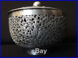 Superbe boite pot pourri argent sculpté Indo chine Old silver chinese box XIX