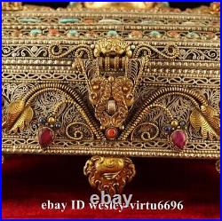 Tibet Copper Tibetan Silver Gild inlay Ruby Gem Dorje Kasung God Jewelry box
