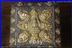 Tibet Old Buddhism Vintage Handmade engraved Pure Silver Gold Gilt seal Case Box