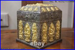 Tibet Old Buddhism Vintage Handmade engraved Pure Silver Gold Gilt seal Case Box