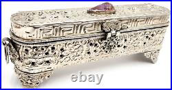 Tibetan Chinese Metal Jewelry Trinket Incense Box Casket Fo Dog Amethyst Crafted