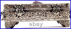 Tibetan Chinese Metal Jewelry Trinket Incense Box Casket Fo Dog Amethyst Crafted