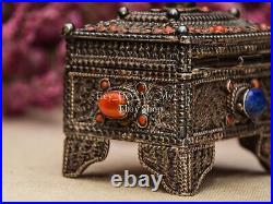 Tibetan Silver Box. Coral Silver Treasure Chest. Buddhist Jewelry Box Casket