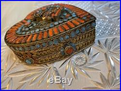 Tibetan Silver Heart Box Turquoise Coral Buddha Chinese Import Antique