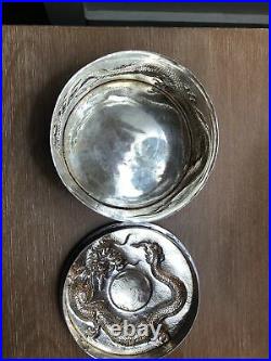 Tuck Chang Antique Chinese export silver round dragon box Heavy -perfect