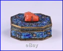 Unique Chinese Antique Coral & Cloisonne On Silver Jewelry Box