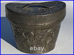 Unusual Antique Art Nouveau Silver Plated Jewelry Casket Figural Chinese Hat Box