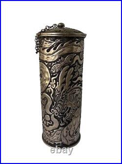 Unusual Silver Asian Cylinder Box Jar with Lid Dragons and Fish Motif 8.5