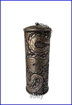 Unusual Silver Asian Cylinder Box Jar with Lid Dragons and Fish Motif 8.5