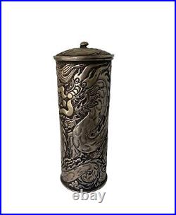 Unusual Silver Asian Cylinder Box Jar with Lid Dragons and Fish Motif 8.5