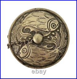 Unusual Silver Asian Cylinder Box Jar with Lid Dragons and Fish Motif 8.5