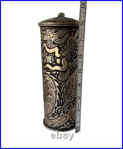 Unusual Silver Asian Cylinder Box Jar with Lid Dragons and Fish Motif 8.5