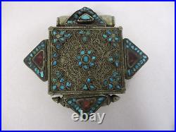 VINTAGE TIBETAN SILVER GAU BOX with TURQUOISE STONES