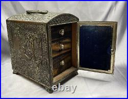 VTG Antique Copper Silver Floral Birds Asian Chinese Storage Cabinet Drawer Box