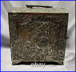 VTG Antique Copper Silver Floral Birds Asian Chinese Storage Cabinet Drawer Box