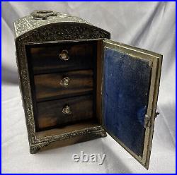 VTG Antique Copper Silver Floral Birds Asian Chinese Storage Cabinet Drawer Box