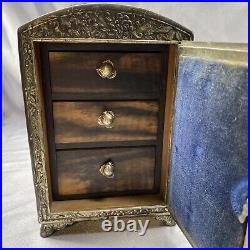 VTG Antique Copper Silver Floral Birds Asian Chinese Storage Cabinet Drawer Box