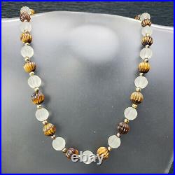 VTG Chinese Export Carved Melon Tiger Eye Matte Jadeite Necklace Silver Clasp